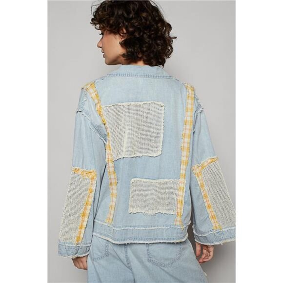POL Raw Hem Zip Up Denim Jacket with Plaid and Crochet Patch - Picture 4 of 4